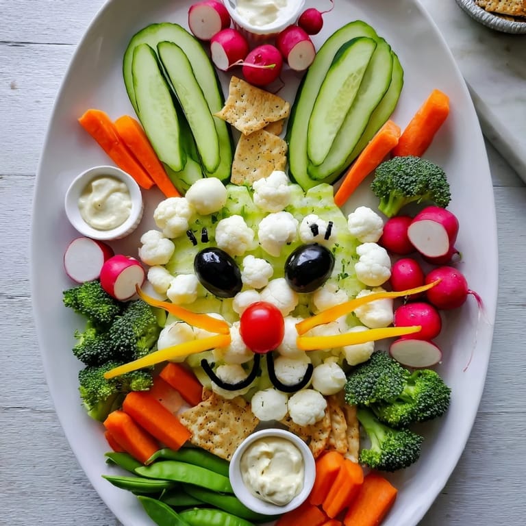 Vibrant Easter Bunny Spring Platter featuring fresh vegetables, dips, and crackers, perfect for a spring party.