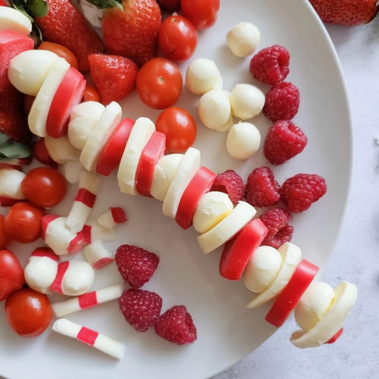 A beautifully arranged Festive Red and White Candy Cane Snack Board with fresh berries and cheese.