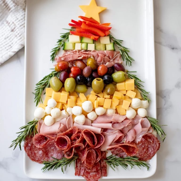 Arrangement of meats and cheeses forming a Christmas Tree Charcuterie Board, a delightful party-ready spread.
