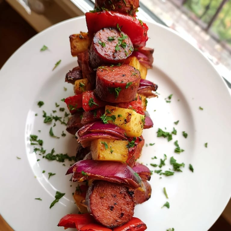 Beautifully arranged Savory Skewers: Chimney Stack Sausage and Cheese, offer a hearty appetizer filled with grilling flavors.