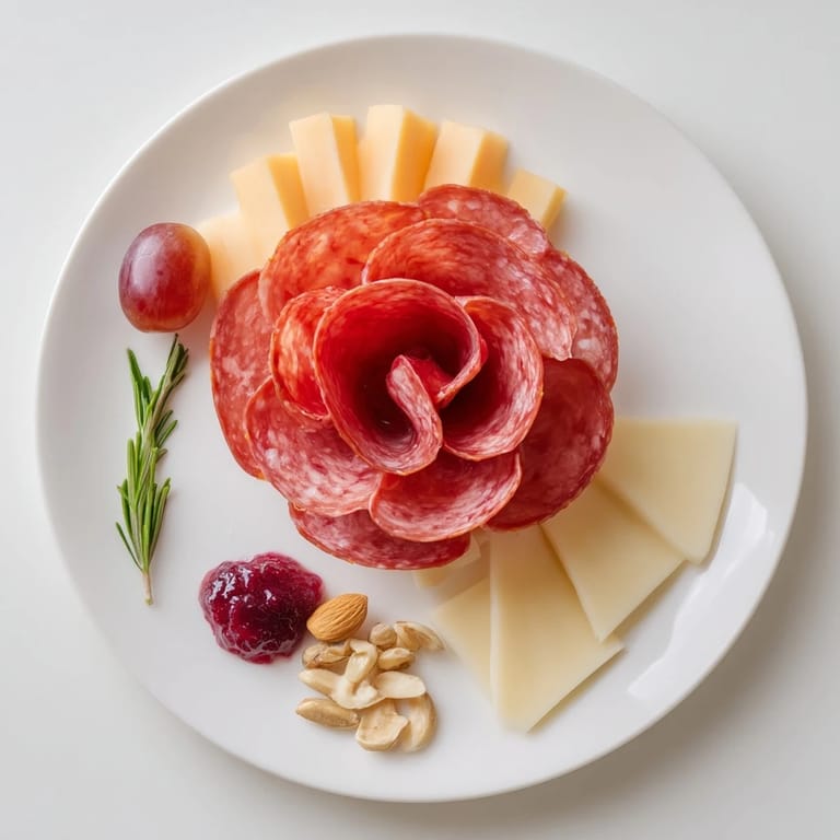 Quick easy charcuterie, showcasing a salami rose and assorted foods for a delightful appetizer.