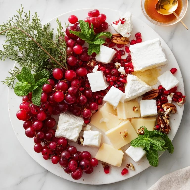 This festive Holly Berry Cluster features ruby-red berries, creamy cheeses, and fresh herbs, ready to serve.