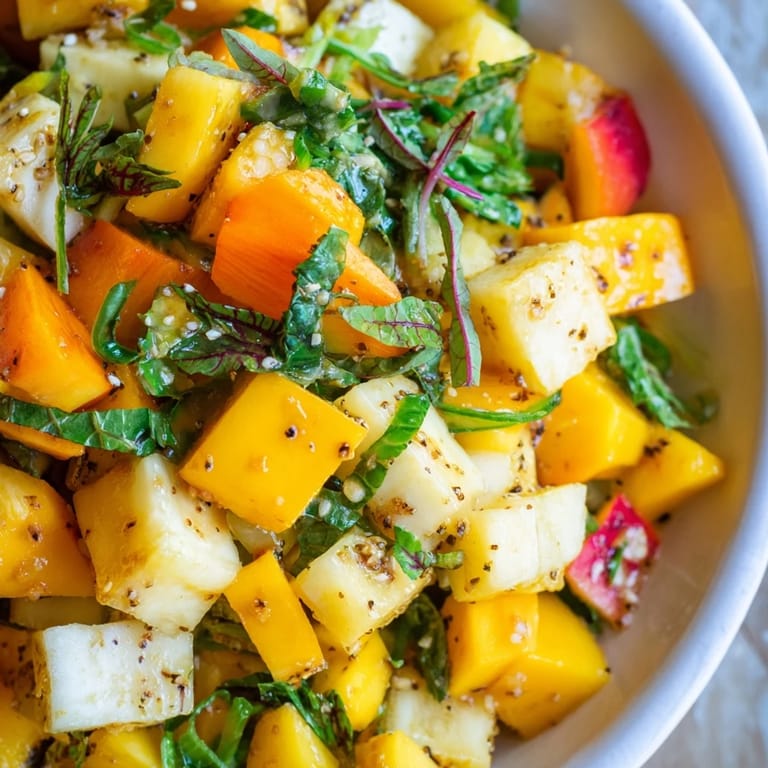 The Sunlit Glade salad, with a bright yellow fruit centerpiece and leafy green border.