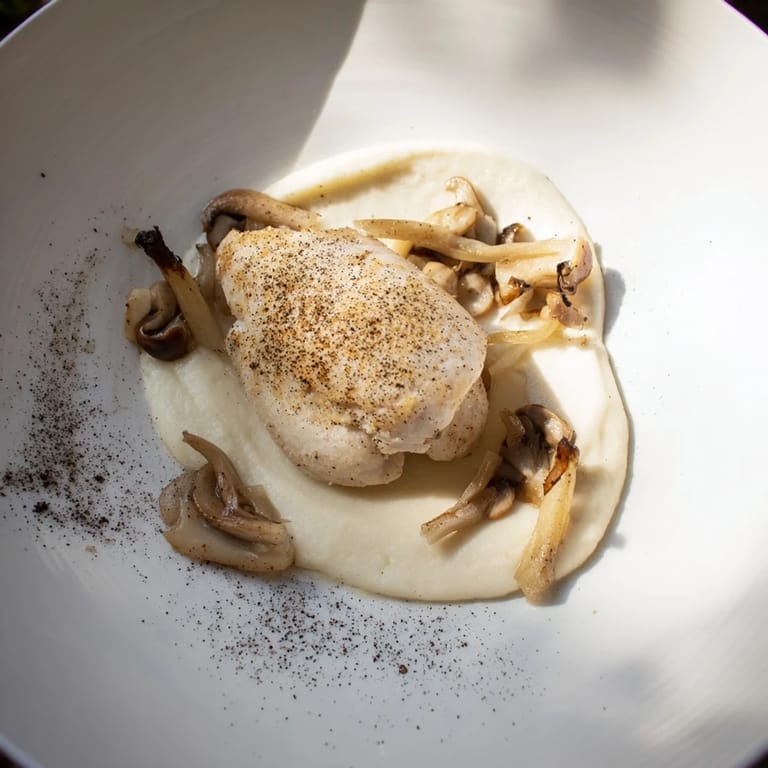 A close-up of The Ghostly Gala, a creamy white dish with chicken and sautéed mushrooms, sprinkled with pepper.