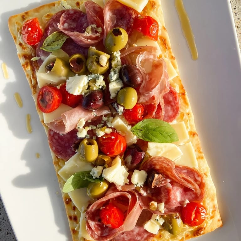 Warm, crusty flatbreads are the base for this savory Rustic Raft, topped with colorful ingredients.