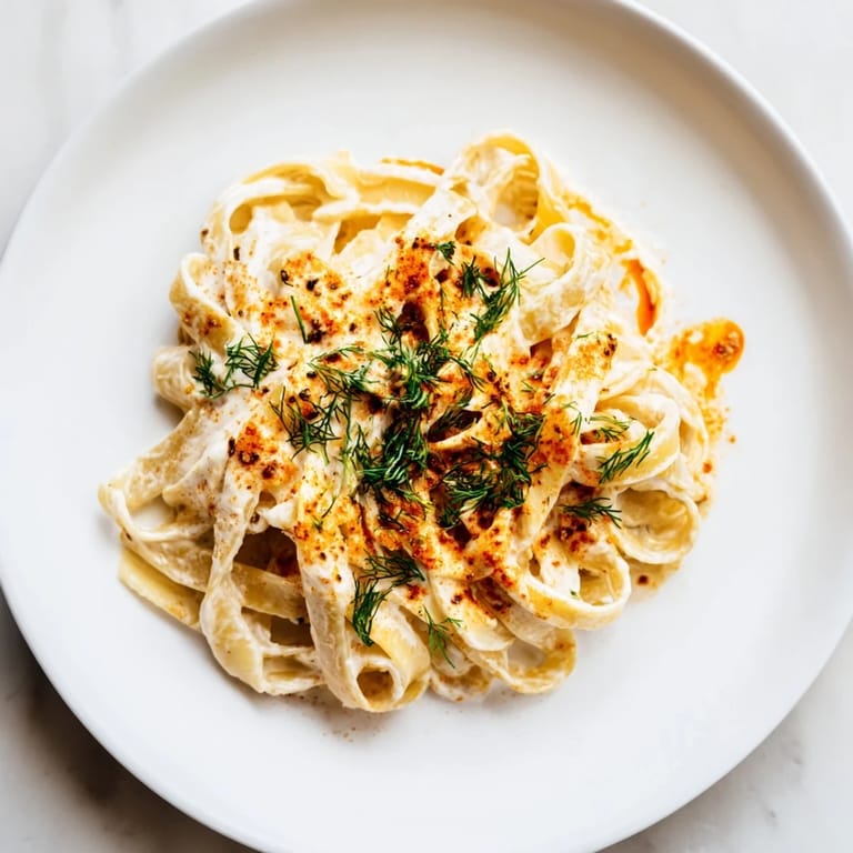 Steaming Turkish Pasta with Paprika Butter, garnished with fresh herbs, ready to be enjoyed.