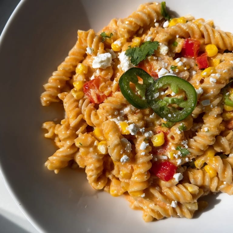 Close-up of One-Pot Mexican Street Corn Pasta, showcasing the vibrant colors and creamy textures.