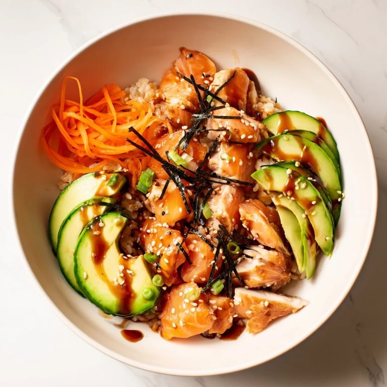 A visual feast: steaming Japanese-Style Salmon & Chicken Rice Bowl, with glistening salmon and vibrant toppings.