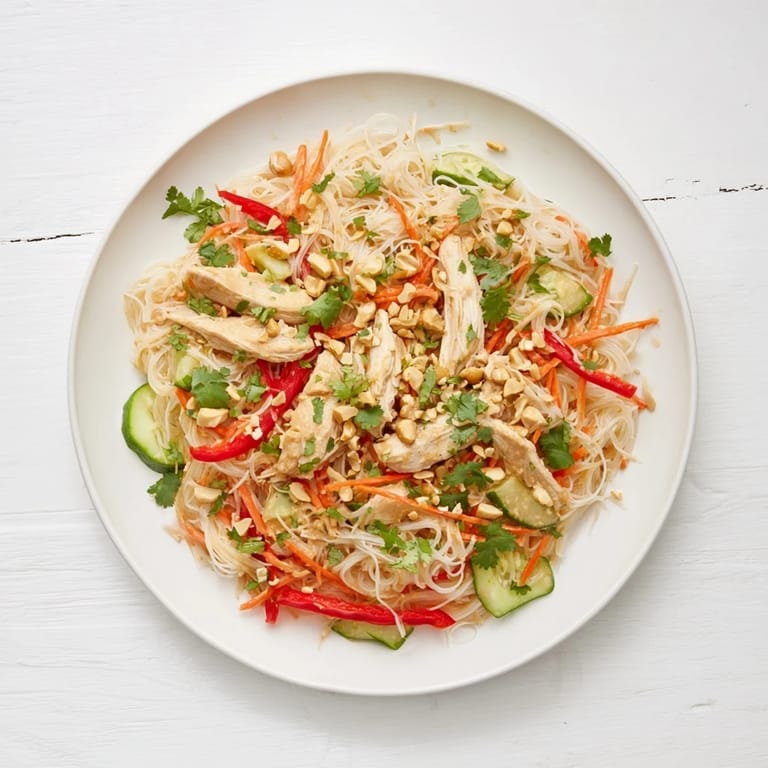 Cool, refreshing Thai-Inspired Peanut Chicken Pasta with peanuts and fresh cilantro garnish, ready to eat.