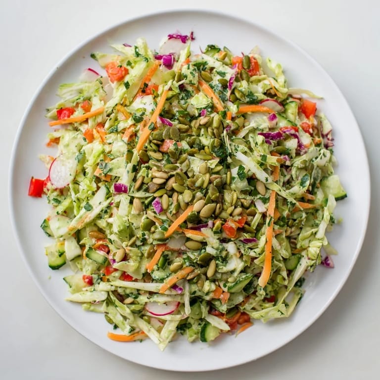 Vibrant Green Goddess Confetti Chop Slaw with crunchy vegetables and toasted pepitas; ready to serve.