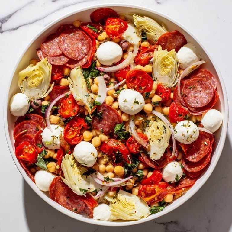 This Italian-American Antipasto Chickpea Salad features colorful vegetables and creamy mozzarella; imagine the flavors!