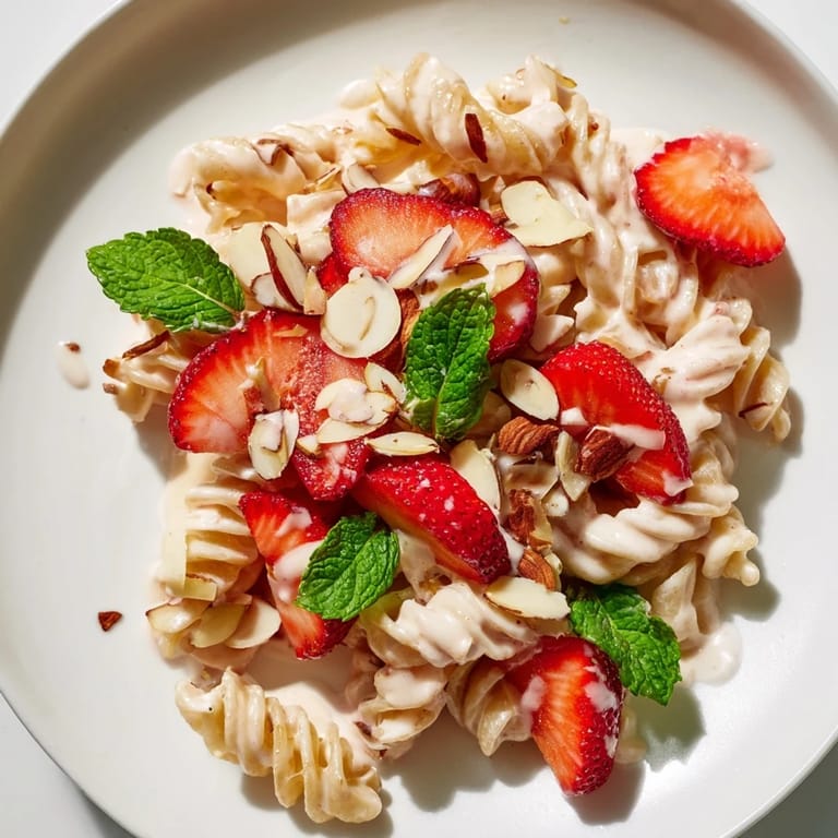 A beautiful bowl of sweet strawberry yogurt pasta is garnished with fresh mint and almonds.