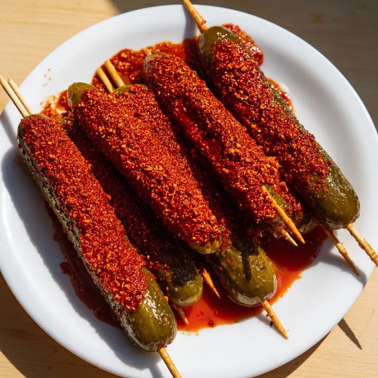 Close-up of freshly prepared Chamoy-Tajín Pickle Sticks: a sweet and spicy Mexican-inspired snack ready to eat.