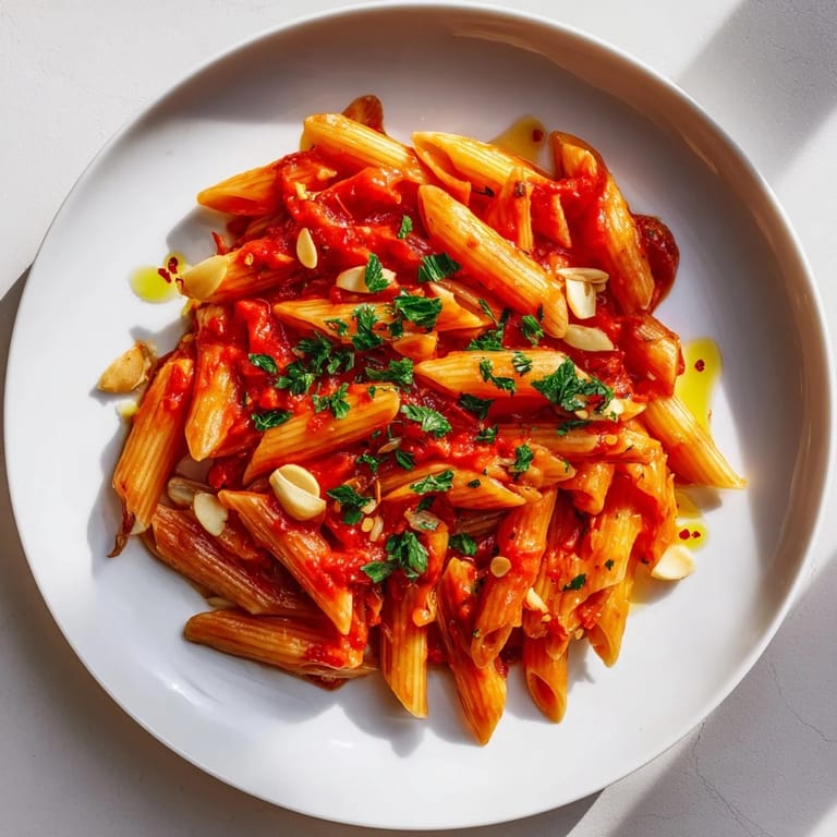 Close-up of penne all'arrabbiata, showcasing a spicy tomato sauce with fresh parsley garnish.