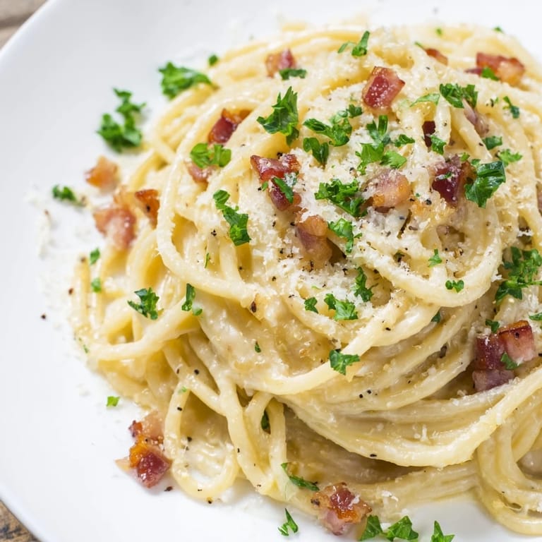 This Creamy Garlic Bacon Pasta features perfectly cooked spaghetti coated in rich, flavorful sauce.