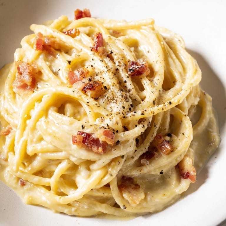 Golden, crispy bacon bits mingle within a bowl of rich, delicious Express Spaghetti Carbonara.