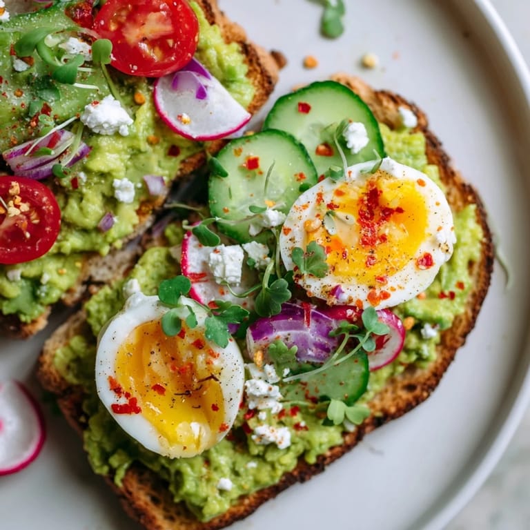 A colorful plate of loaded avocado toast with a runny yolk, ready to savor.