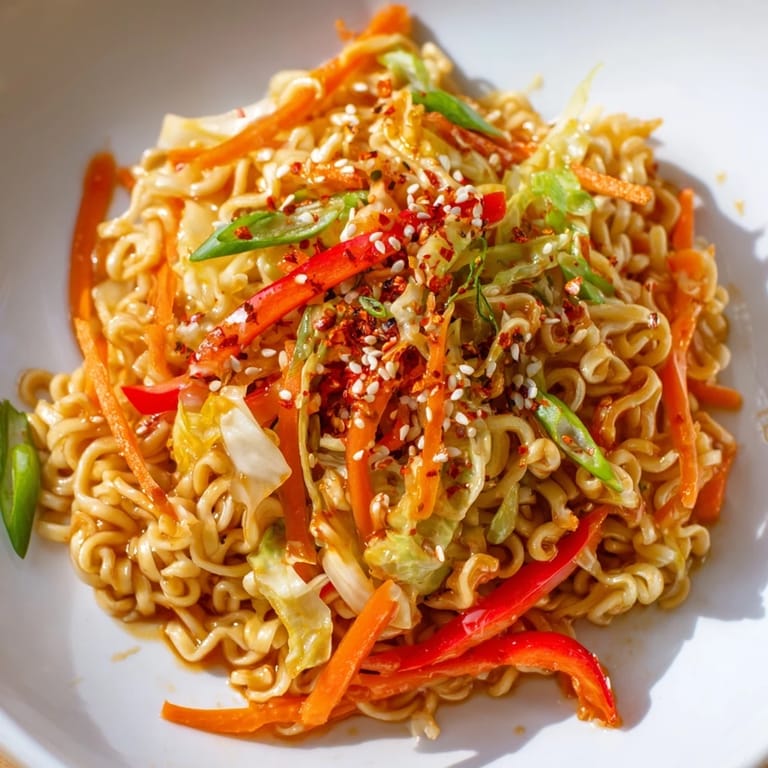 Close-up of the flavorful, fiery spicy ramen stir fry with toasted sesame seeds and fresh green onions.