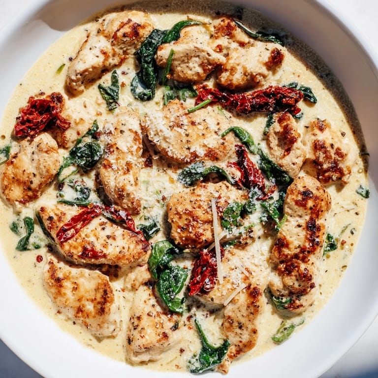 Golden chicken with sun-dried tomatoes and spinach in creamy sauce, Creamy Tuscan Chicken perfection.
