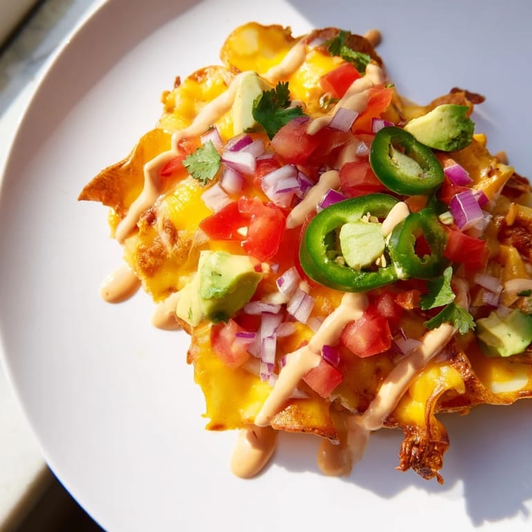 View of homemade pasta chip nachos, a flavorful fusion appetizer with crispy baked pasta.