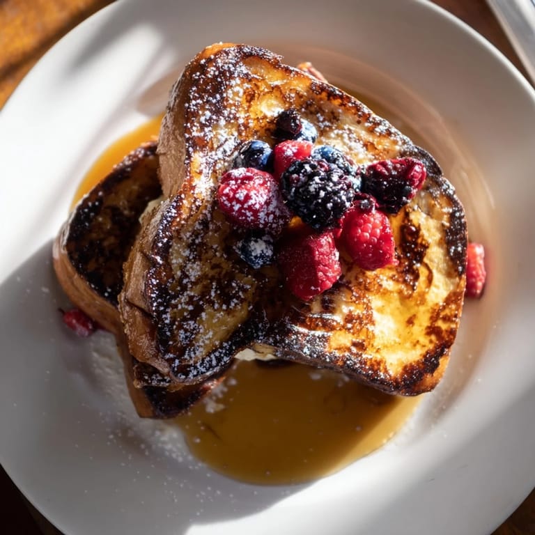Warm ice cream French toast slices, topped with berries and syrup, a sweet breakfast idea.