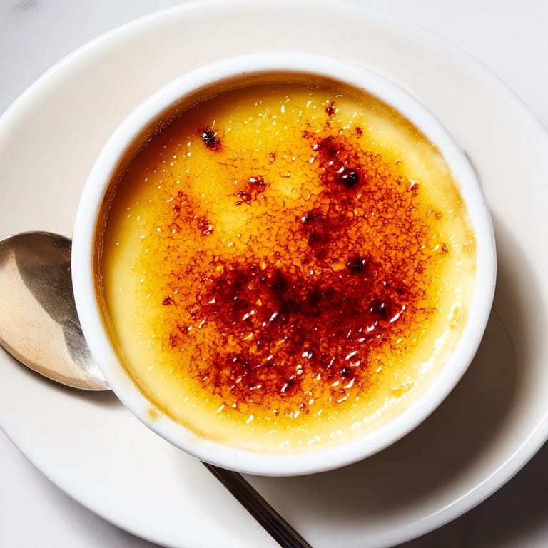 Close-up shot shows a delightful 3-Ingredient Crème Brûlée, a rich dessert, elegantly served.