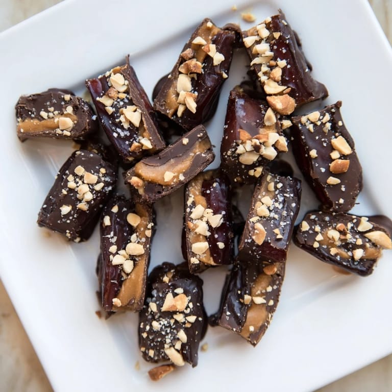 Delicious Date Bark Snickers-Style squares, showcasing a rich chocolate topping sprinkled with chopped peanuts.