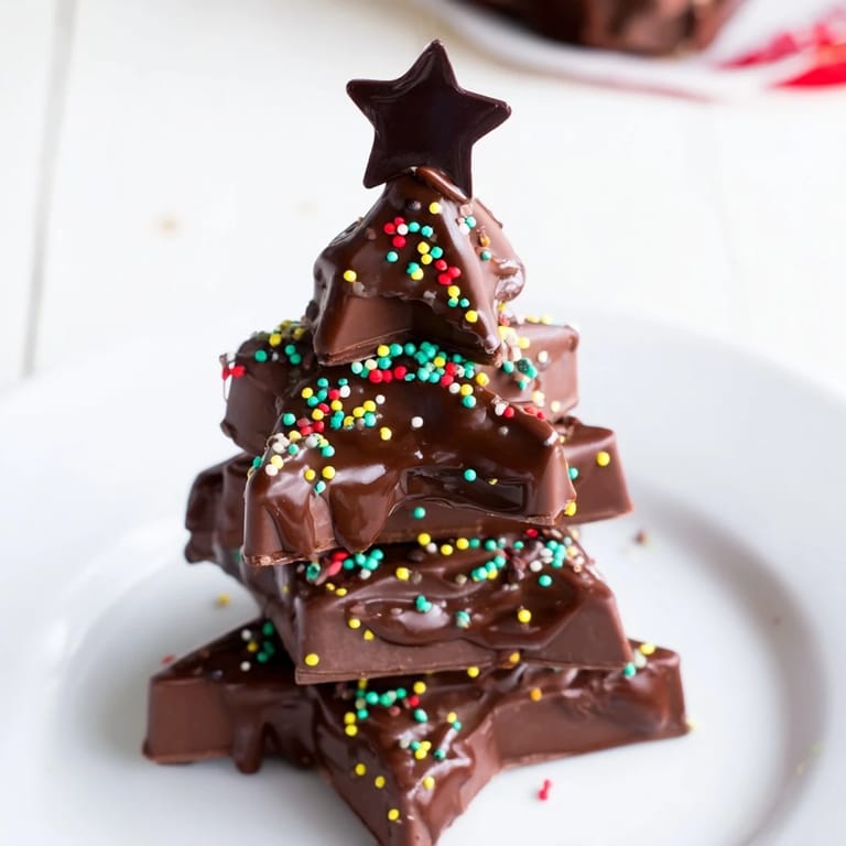 Making the easy Chocolate Kinder Christmas Trees: layering Kinder bars and drizzling melted chocolate for a dessert.