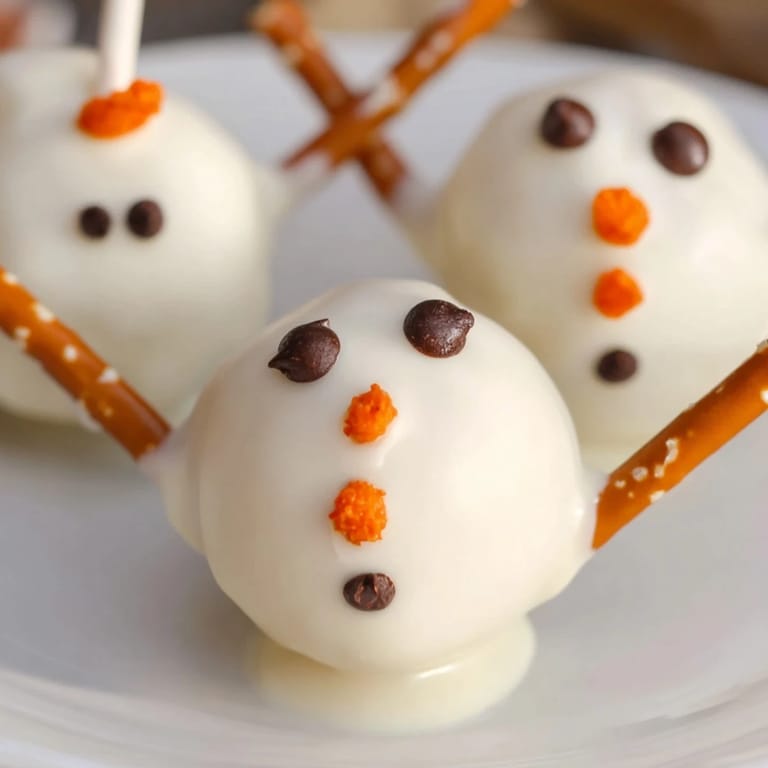These adorable Oreo Snowman Cake Pops appear perfect, coated with shiny white chocolate, ready to serve.