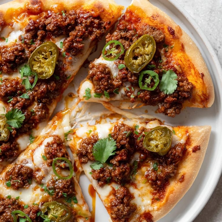 Close-up of a flavorful spicy ground beef pizza, perfect for sharing on a weekend night.