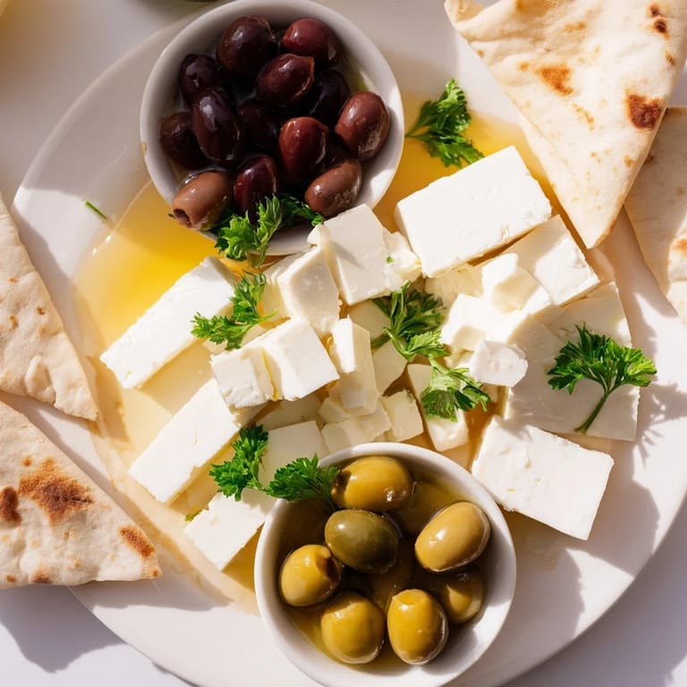 Beautiful Turkish Olives & Cheese Board with a drizzle of honey, served with white cheese and flavorful olives.