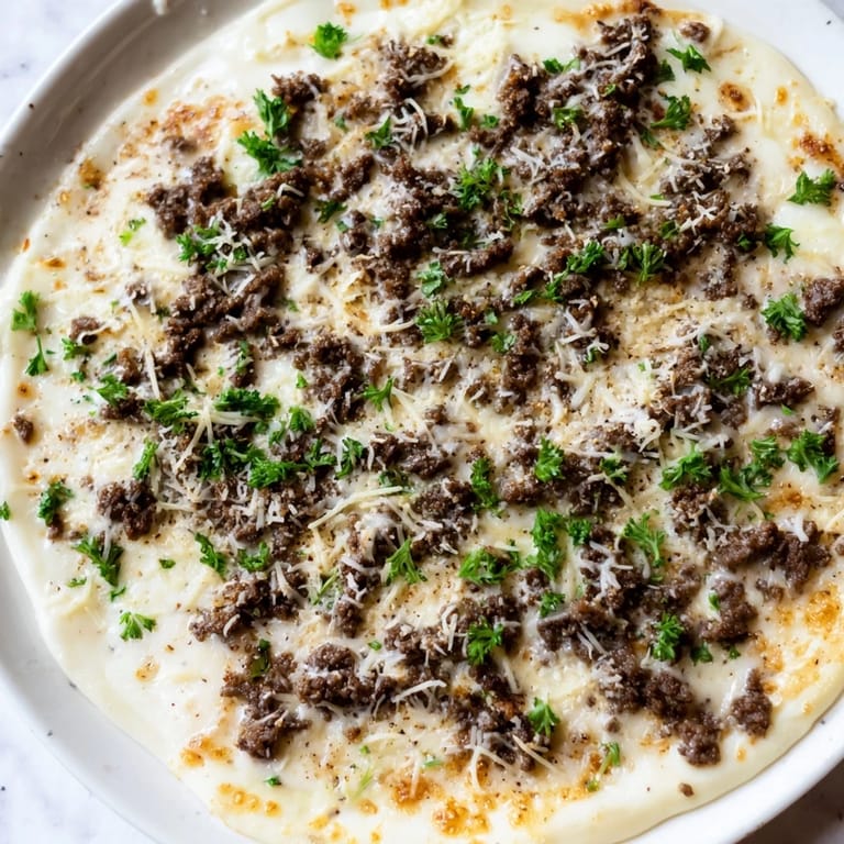 This Ground Beef Alfredo Pizza shows a bubbly, golden crust with creamy Alfredo and hearty beef.