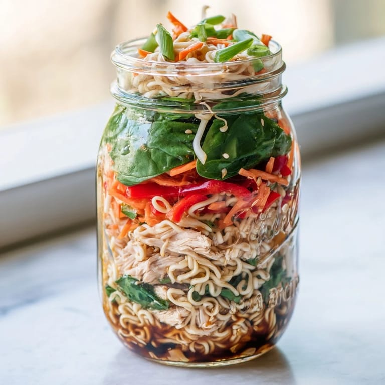 Colorful, dairy-free Asian fusion noodle salad in a mason jar with lime wedges and sesame seeds, perfect for healthy meal prep on busy days.