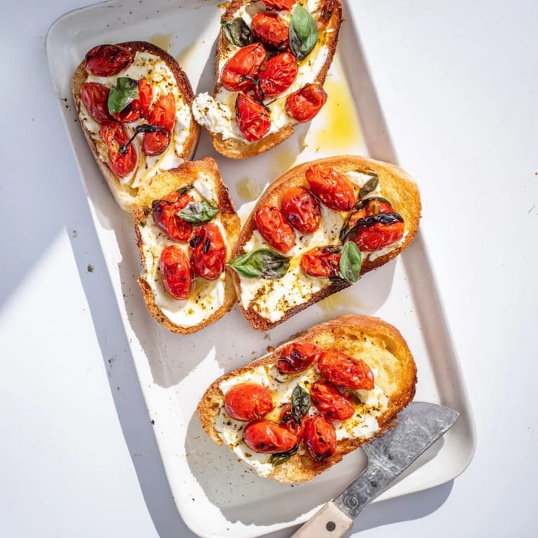 Warm Baked Feta Toast with bubbly feta and juicy tomatoes, served as a savory snack.