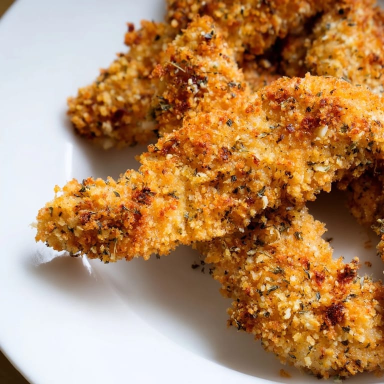 Juicy, golden Crispy Panko Chicken Strips arranged on a plate with honey mustard and fresh parsley garnish.