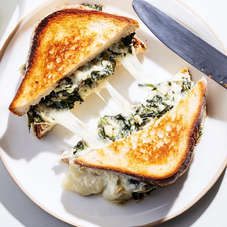 Spinach artichoke grilled cheese with crispy crust, melted mozzarella, and artichoke hearts visible.