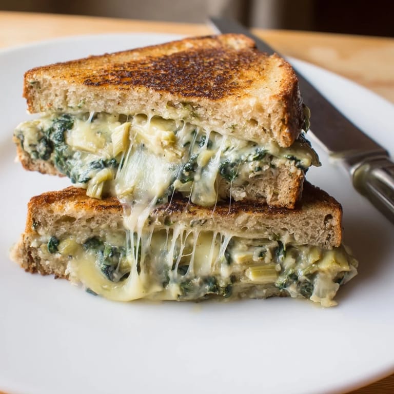 Close-up of a buttery spinach artichoke grilled cheese sandwich, sliced to reveal gooey interior.