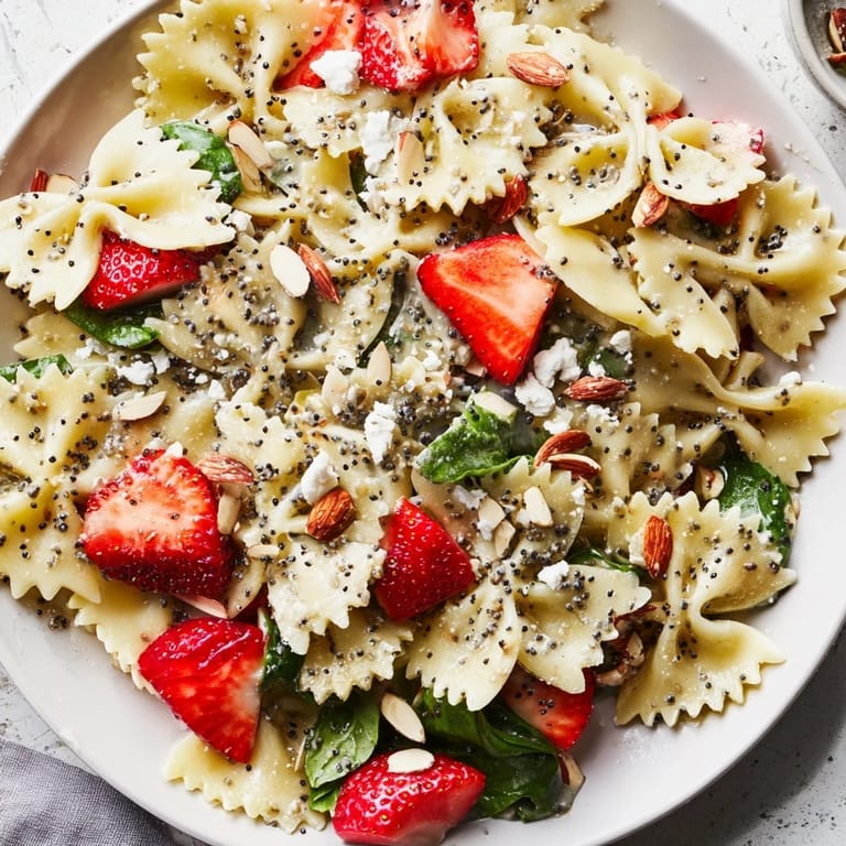 A close-up view of Spring Spinach Strawberry Pasta Salad shows glossy poppy seed dressing coating the pasta, spinach leaves, and fresh strawberry slices, highlighting a perfect spring meal.
