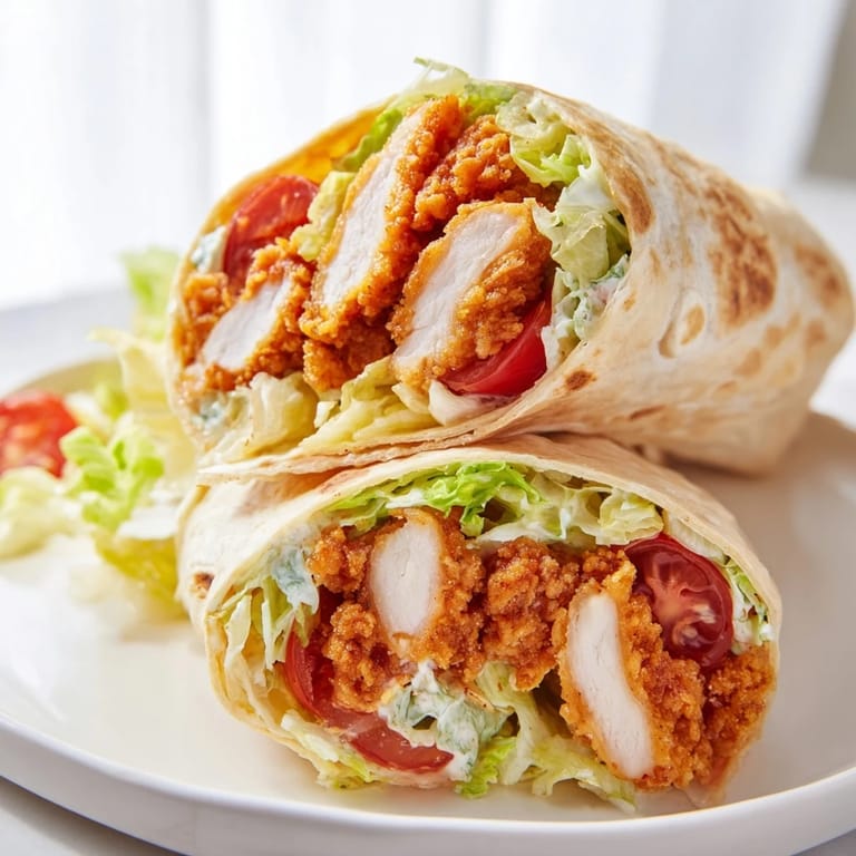 Freshly assembled Hot Honey Chicken Caesar Wrap on a white plate, with romaine lettuce, cherry tomatoes, and grated Parmesan peeking out from the warm tortilla edges.