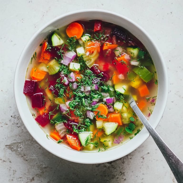 Rainbow Vegetable Detox Soup simmers in a pot, featuring vibrant carrots, tomatoes, and zucchini in broth.