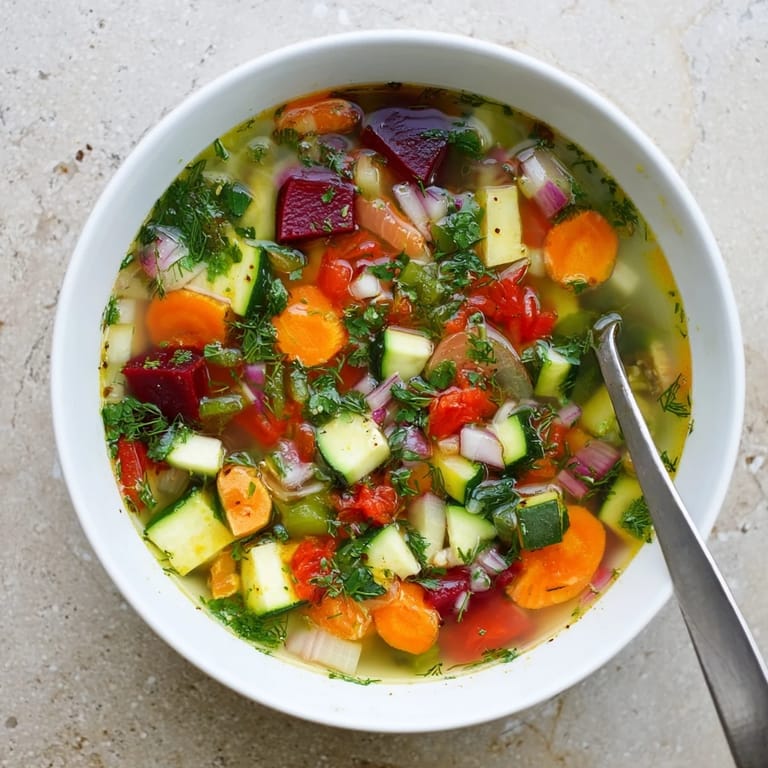 Vivid red, orange, and green vegetables fill this nourishing bowl of Rainbow Vegetable Detox Soup, ready to serve.