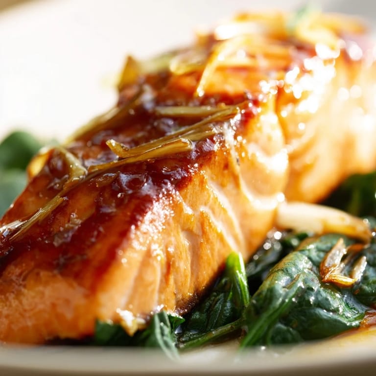 Miso Salmon on Sautéed Spinach plated for dinner, featuring tender fish over wilted spinach and a wedge of lemon.