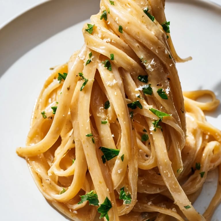 A skillet of Sriracha Honey Pasta tossed in garlic butter sauce, with honey drizzle and red pepper flakes nearby.