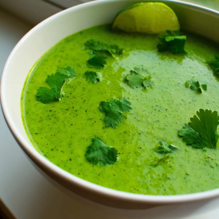 The creamy Spinach Coriander Lemongrass Soup is served hot, garnished with cilantro leaves and a lime wedge for brightness.