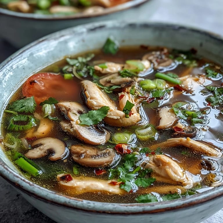 Aromatic Tom Yum Chicken soup featuring bright citrus notes, spicy chilies, and fresh lime wedges.