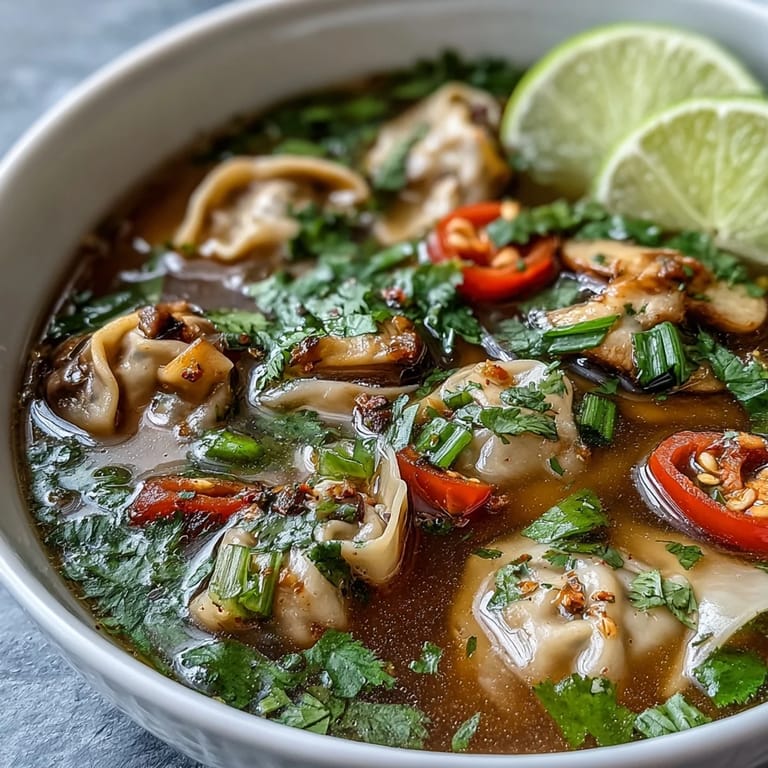 Spicy and tangy Tom Yum Wonton Soup features plump dumplings, sliced chilies, and fresh lime wedges on a rustic table.
