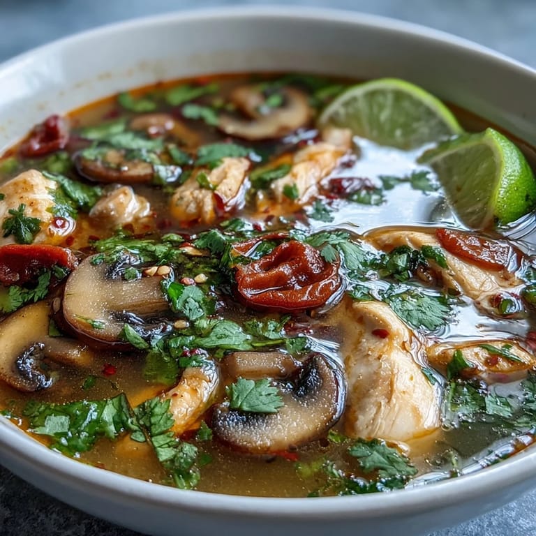 Garnished with fresh cilantro and lime wedges, this spicy-sour Tom Yum Gai offers a comforting and bold Thai meal. 
