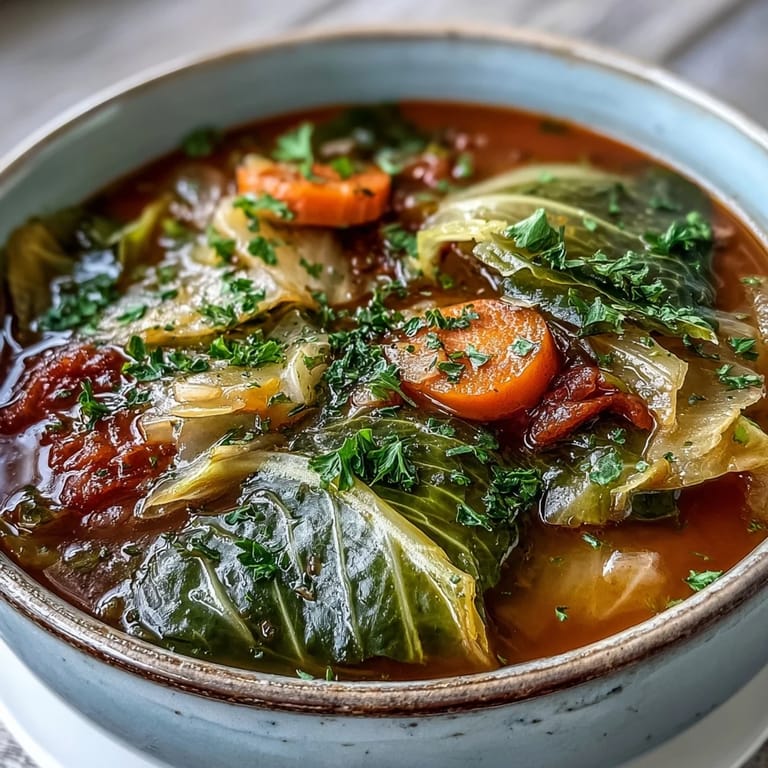 Hearty Classic Cabbage Soup simmering in a pot with vibrant carrots, celery, and savory tomato broth.