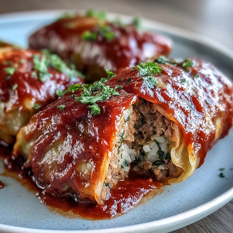 Golden Cabbage Rolls rest in a baking dish, garnished with fresh parsley for a pop of color.