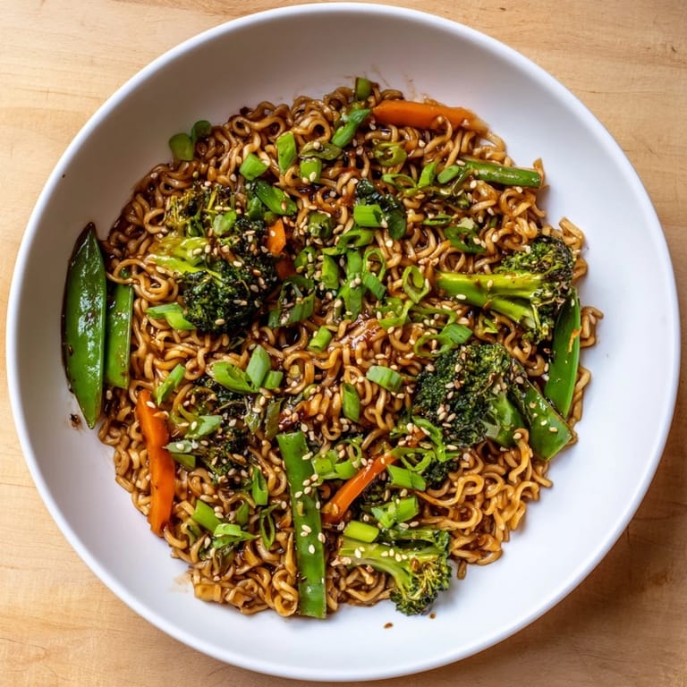 Sizzling skillet of Ramen Noodle Stir-Fry Remix, coated in savory sauce, ready to serve and enjoy.